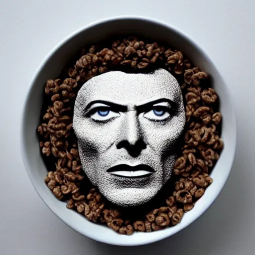 Image similar to a cereal bowl in a shape of bowie face, space oddity,