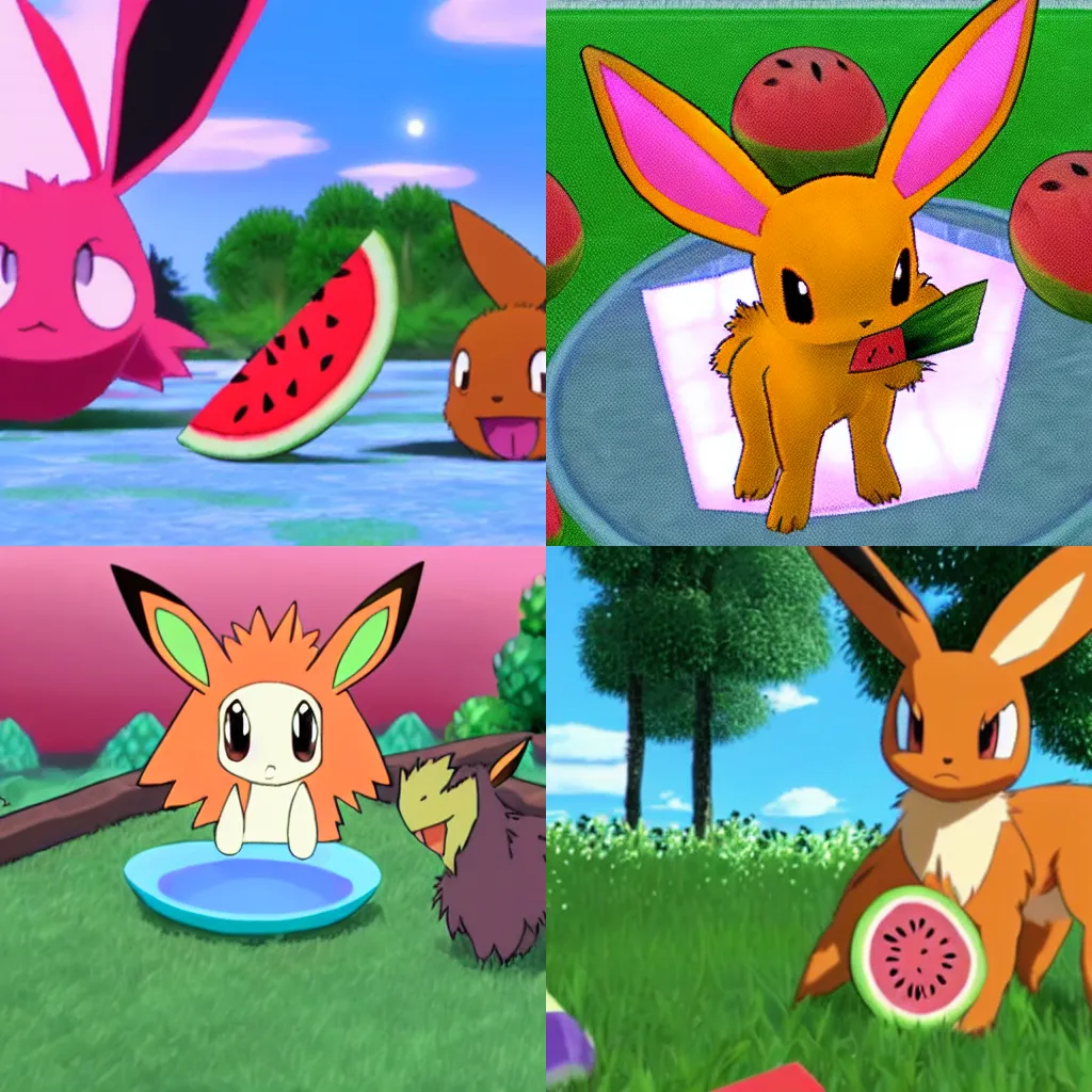 Prompt: Eevee eating watermelon, screenshot from Pokemon
