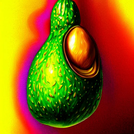 Image similar to An extremely psychedelic portrait of an avocado, surreal, LSD, face, detailed, intricate, elegant, lithe, highly detailed, digital painting, artstation, concept art, smooth, sharp focus, illustration