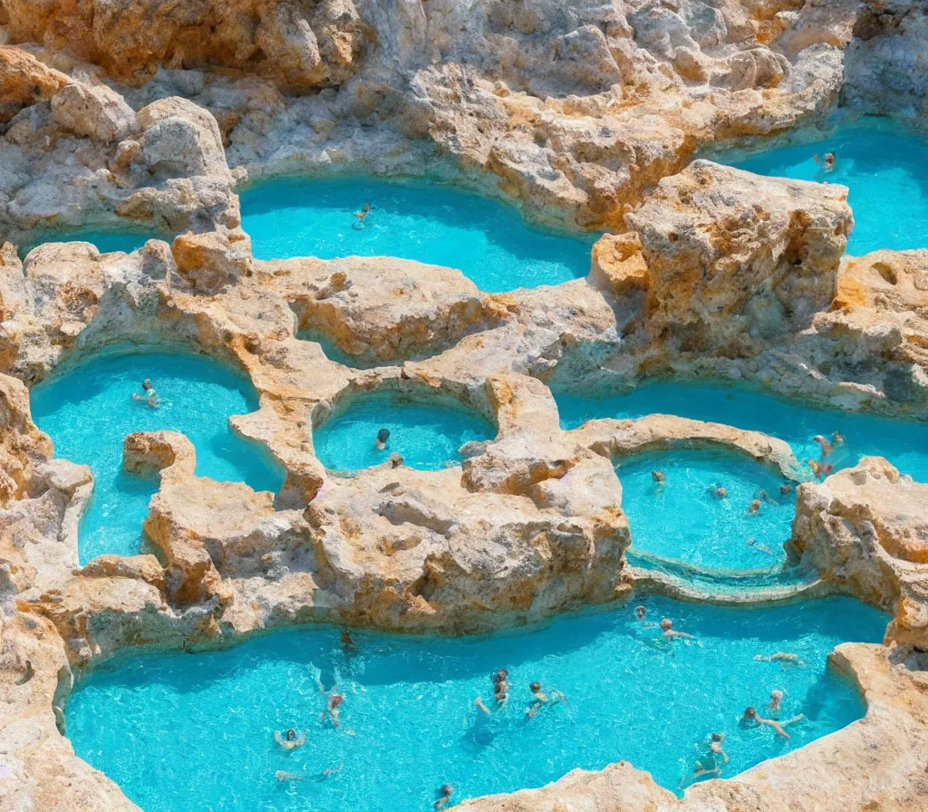 Image similar to travertine pool golden palace, bright blue water, bright mid day, professional photography, travel, architecture, high detail, dreamy