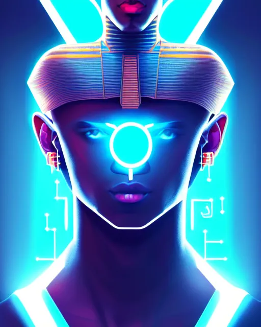 Image similar to symmetry!! egyptian prince of technology, solid cube of light, hard edges, product render retro - futuristic poster scifi, lasers and neon circuits, brown skin man egyptian prince, intricate, elegant, highly detailed, digital painting, artstation, concept art, smooth, sharp focus, illustration, dreamlike, art by artgerm