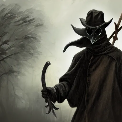 Image similar to plague doctor holding a huge scythe, plague doctor mask, monster design, fantasy. illustration, hyperdetailed, artstation, cgsociety, 8 k