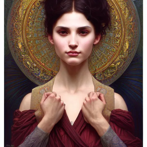 Image similar to portrait of a hot mystic girl, intricate, elegant, highly detailed, digital painting, artstation, concept art, smooth, sharp focus, illustration, art by artgerm and greg rutkowski and alphonse mucha and william - adolphe bouguereau