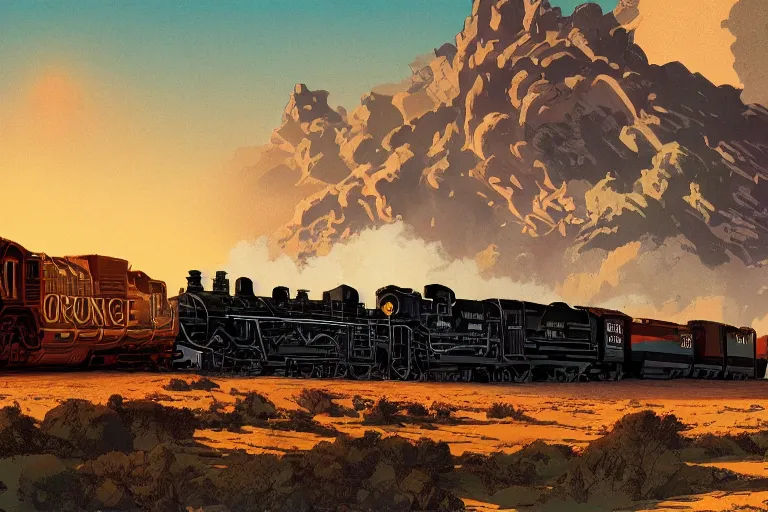 Image similar to old western freight train illustration by joe fenton and syd mead, artstation, 4 k, graphic novel, concept art, matte painting, steam engine spewing billowy white clouds of steam, beautiful idyllic mountain desert sunset background, golden hour