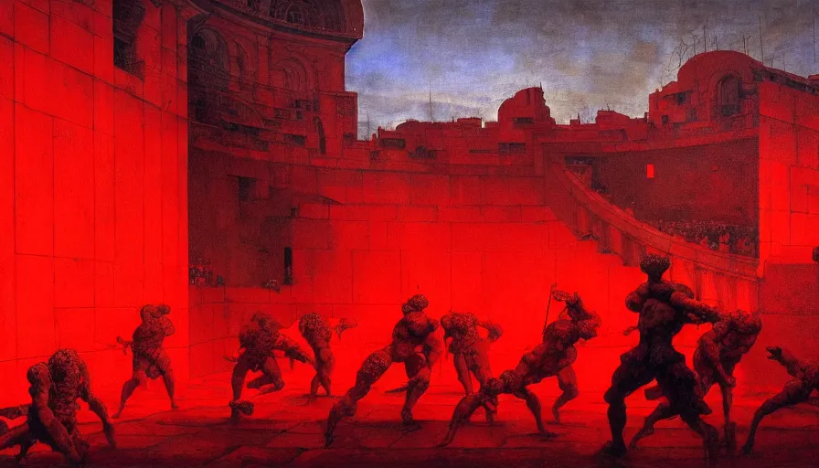 Prompt: only with red, a lightly armored gladiator in a crowded roman amphitheatre, crowd cheering, in the style of beksinski and edward hopper and rodcenko and yue minjun and artgerm, intricate and epic composition, red by caravaggio, highly detailed, masterpiece, red light, artstation, art nouveau