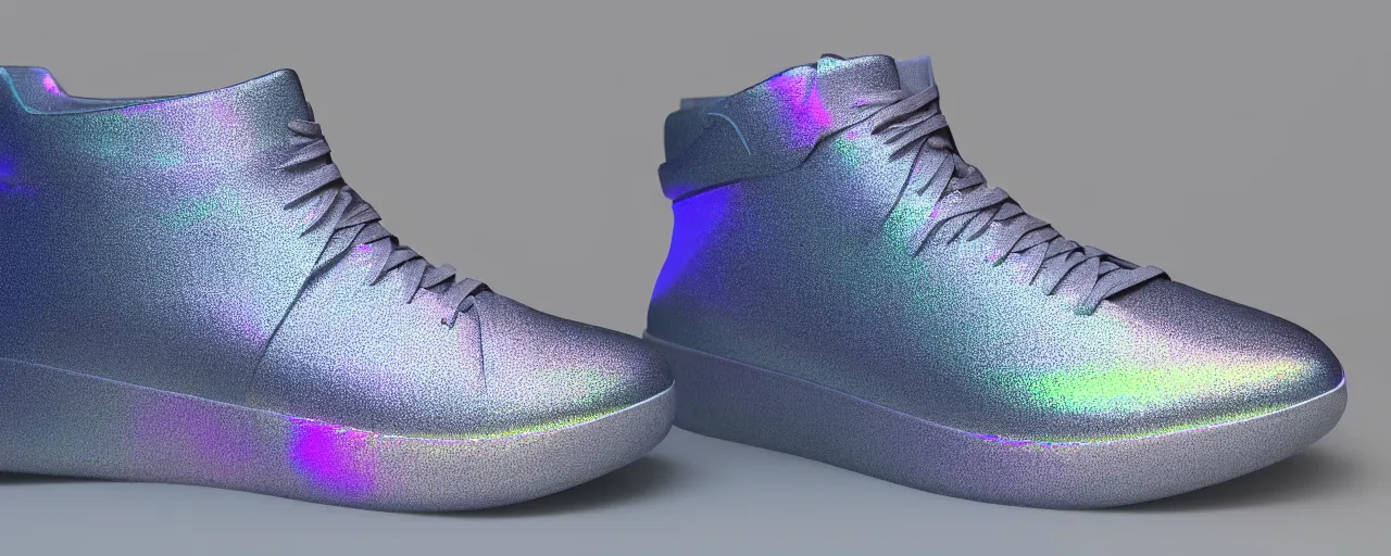 Image similar to a hight tech, iridescent sneaker made by kayne, octane render, high details, soft light