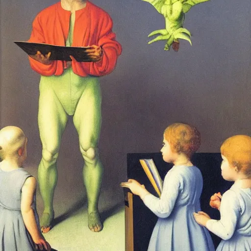 Prompt: a man dressed as satan teaching a classroom by Raphael, Hopper, and Rene Magritte. detailed, romantic, enchanting, trending on artstation.