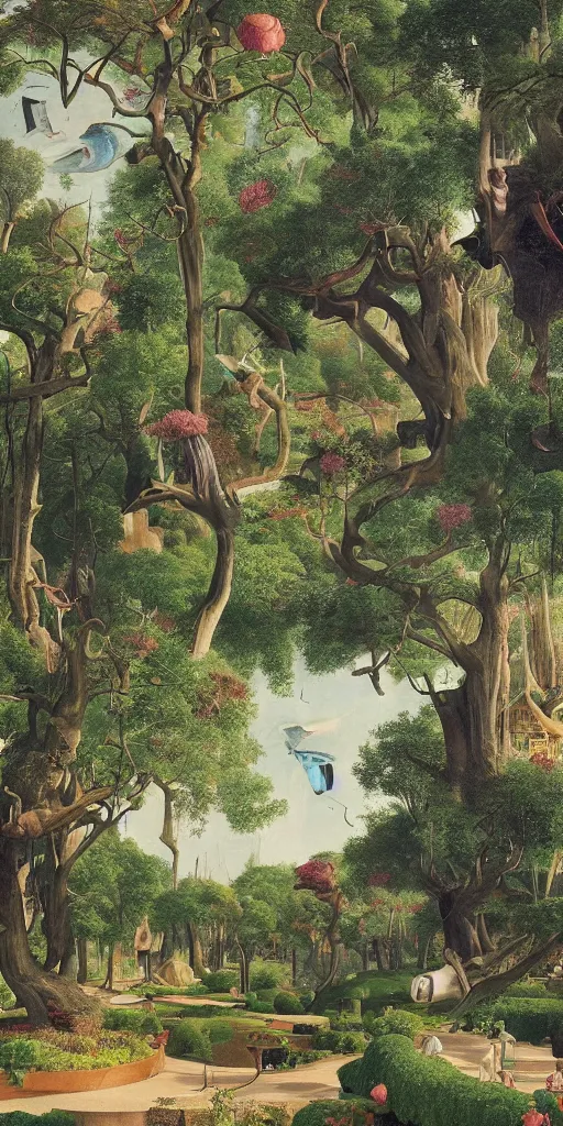 Prompt: bosch and beeple painting of a magnificent garden filled with remarkable sculptures, trees, and structures, incredible details