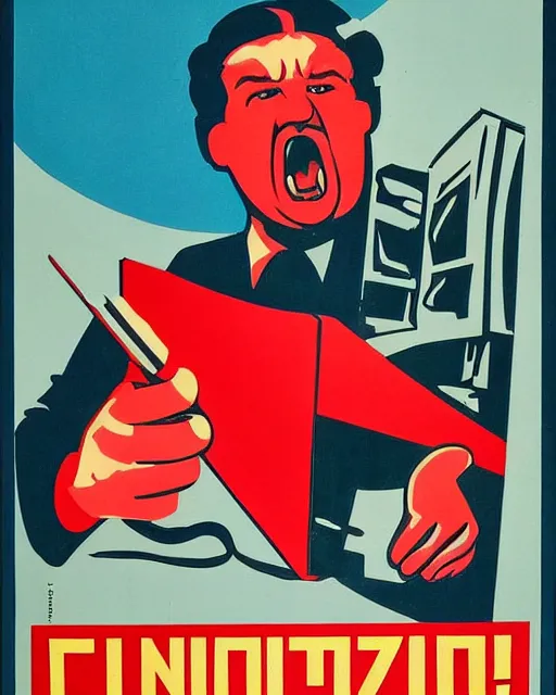 Image similar to soviet propaganda poster of an angry communist developer yelling at his computer