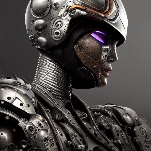 Prompt: close - up evil scifi subsurface wax cyborg android queen wearing a medieval helmet, ultra realistic, concept art, intricate details, serious, highly detailed, photorealistic, octane render, 8 k, unreal engine, art by todd mcfarlane and artgerm and greg rutkowski and alphonse mucha