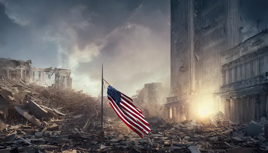 Image similar to american flag hanging on the remains of a building in destroyed washington dc, hyperdetailed, artstation, cgsociety, 8 k