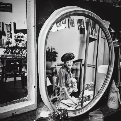 Image similar to photograph of mirror on a vintage shop, inside the mirror a reflection of an old lady smiling, black and white, 3 5 mm