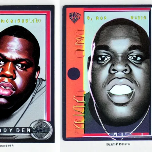 Prompt: trading card featuring notorious big with symmetrical attributes, biggie smalls rap music trading card - h 6 4 0