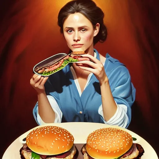 Image similar to portrait of Barbara Bush eating hamburgers, extra onions and ketchup, luscious patty with sesame seeds, feminine ethereal, handsome, D&D, fantasy, intricate, elegant, highly detailed, digital painting, artstation, concept art, matte, sharp focus, illustration, art by Artgerm and Greg Rutkowski and Alphonse Mucha