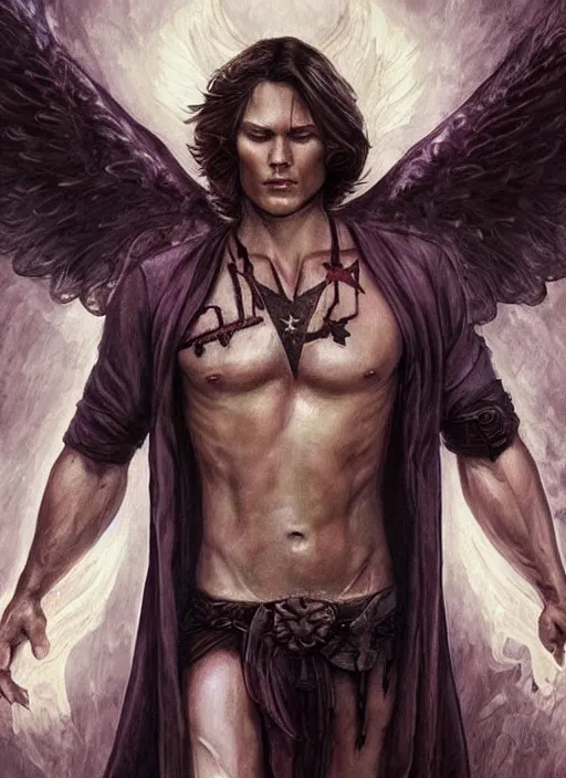 Prompt: beautiful! Sam Winchester as a muscular angel with a big cross pendant and religious and magic tattoos on chest and neck, big Angel wings wide open, stained and bleeding, D&D!, fantasy style, sharp focus!, ultra detailed, art by Artgerm and Peter Andrew Jones, WLUP