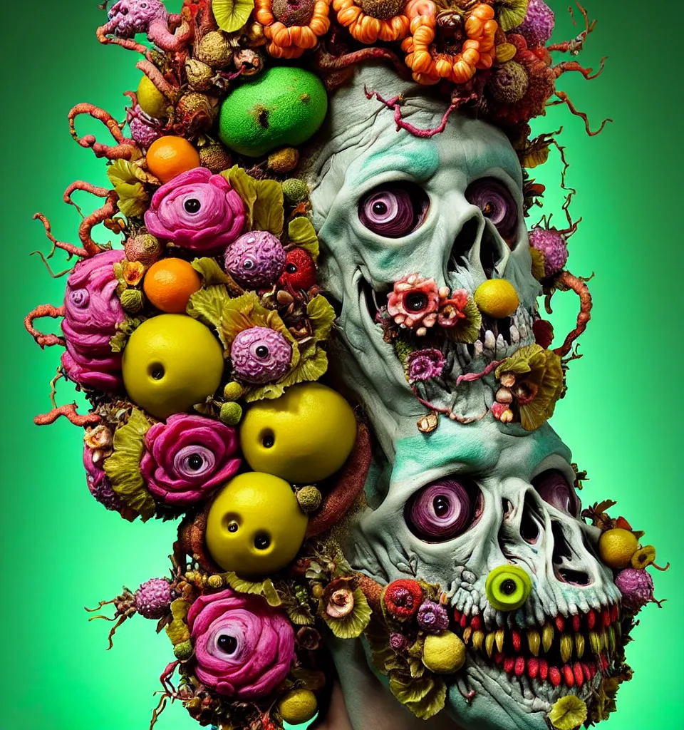 Prompt: eadshot of a trickster nature zombie, head made of fruit and flowers in the style of arcimboldo, fragonard, covered with tendrils and snail shells, oil painting, ethereal, atmospheric lighting, action figure, clay sculpture, claymation, turquoise pink and green, botanical rainbow backdrop