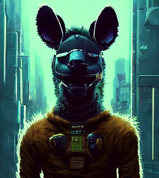 Image similar to new york city portrait icon of furry anthro anthropomorphic spotted hyena head animal person fursona wearing clothes strange cybernetic metal muzzle gloomy rainy screenshot from the video game cyberpunk 2077 digital art by Greg Rutkowski, Simon Stalenhag, christopher nolan trending on Artstation, CGSociety, Bladerunner 2049