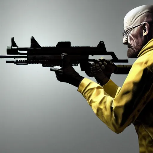 Image similar to walter white with a p 9 0 submachine gun in csgo, video game, third person, shooting at distant targets, high resolution