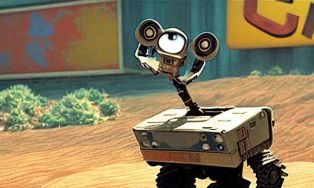 Image similar to full - color cinematic movie still from the 2 0 0 8 pixar animated film wall - e starring johnny 5 the robot from short circuit. high - definition 3 d - rendered animation.