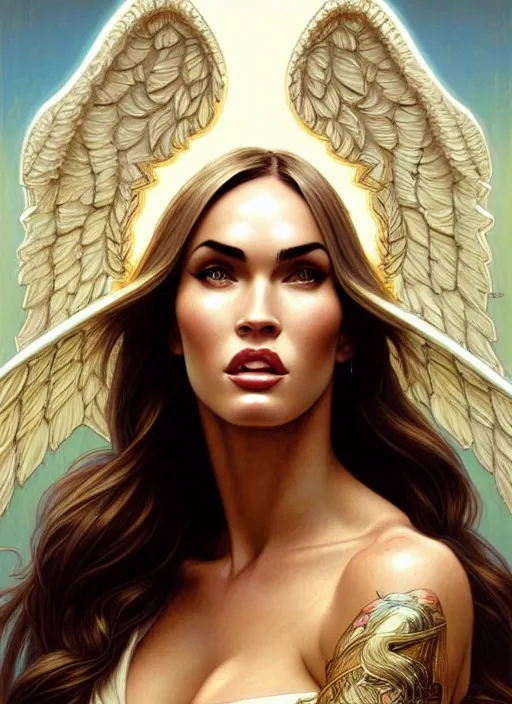 Image similar to portrait of megan fox as an blonde angel, wings, bible, intricate, headshot, highly detailed, digital painting, artstation, concept art, sharp focus, cinematic lighting, illustration, art by artgerm and greg rutkowski, alphonse mucha, cgsociety