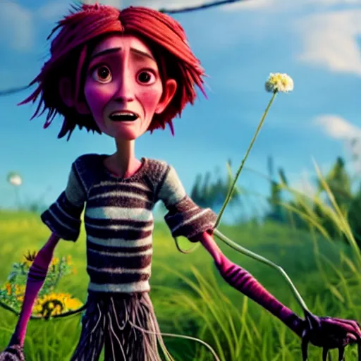 Prompt: a stopmotion animation character, a beautiful and mad canadian woman, on her knees, pulling weeds out frantically, some grey hair, stripey pants, octane render, 8 k, kubo and the two strings,