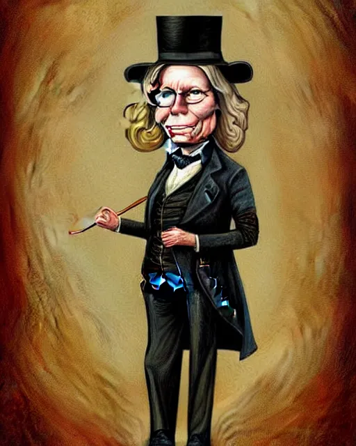 Prompt: a fantasy caricature illustration portrait of liz cheney as abraham lincoln, in the style of esao andrews, digital art painting, ornately detailed, caricature