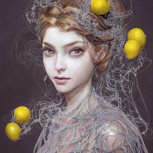 Image similar to the portrait of an absurdly beautiful, graceful, elegant, sophisticated, young girl made up of lemons, an ultrafine hyperdetailed illustration by kim jung gi, irakli nadar, intricate linework, bright colors, octopath traveler, final fantasy, unreal engine 5 highly rendered, global illumination, radiant light, detailed and intricate environment