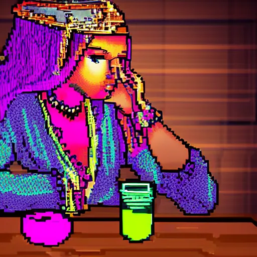 Image similar to pixel art, close up, gypsy woman sits at a wooden table, on the table are flasks of glowing liquids