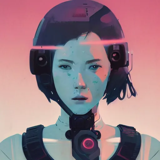 Image similar to Highly detailed portrait of a cyberpunk young lady with, freckles and wavy hair by Atey Ghailan, by Loish, by Bryan Lee O'Malley, by Cliff Chiang, by Greg Rutkowski, inspired by image comics, inspired by graphic novel cover art, inspired by nier!! Gradient color scheme ((grafitti tag brick wall background)), trending on artstation