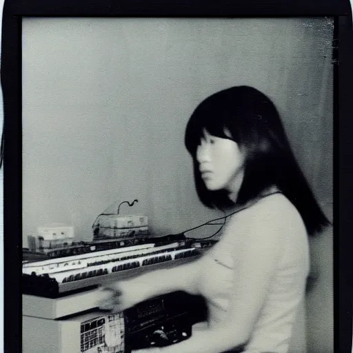 Image similar to 1 9 7 0 s polaroid of a female japanese musician playing a vintage modular synthesizer, hazy, faded