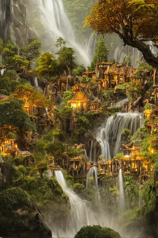 Image similar to wooden elven City with golden roofs, arches and bridges on top of a WATERFALL in the fall, gnarly trees, lush vegetation, forrest, a small stream runs beneath the waterfall, landscape, raphael lacoste, eddie mendoza, alex ross, john howe, concept art, matte painting, highly detailed, rule of thirds, dynamic lighting, cinematic, detailed, denoised, centerd, clean render