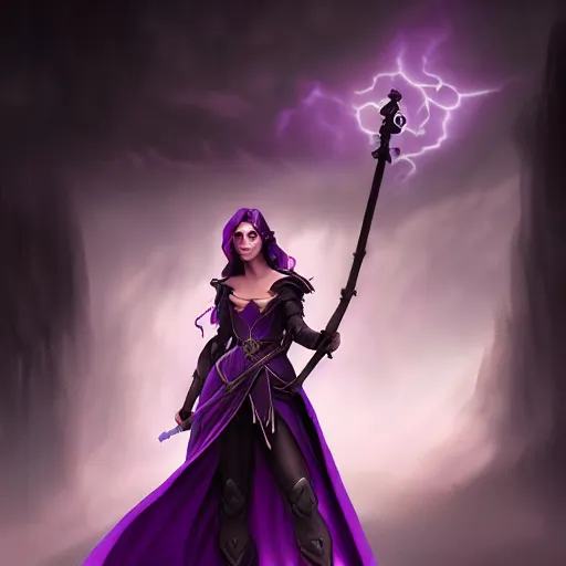 Image similar to a woman in a purple dress holding a staff and dark magic, storm and rain behind her, action scene, magical concept art, artstation contest winner, fantasy art, dark and mysterious, artstation hd, 1 2 0 mm lens, hero pose, detailed, 8 k, digital art