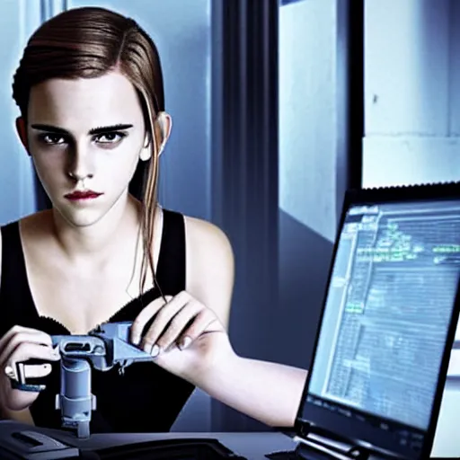 Image similar to a girl who is a mix of emma watson and scarlett johansson and nathalie portman, using a device to connect herself to a computer through an usb cable and a port in her arm, cables, it, very detailled, by david rutkowski