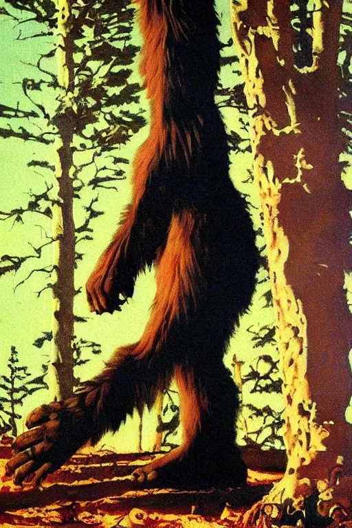 Image similar to bigfoot eating an ice cream cone, masterpiece, dramatic light and shadow, saturated colors, ciaroscuro. painted by norman rockwell