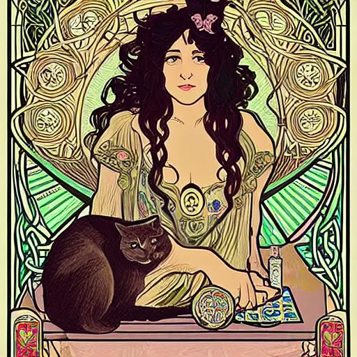 Image similar to lady with long curly hair with a cat beside her, with celtic spread tarot cards on a table in front of her, in a gypsy tent with Alphonse Mucha art nouveau poster style, with thin lines and pastel colors,