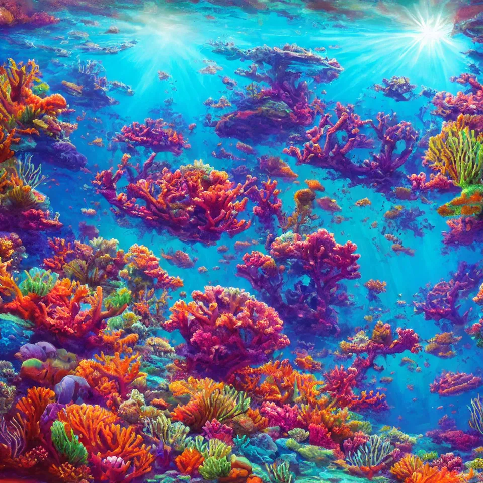 Image similar to underwater neon coral reef landscape magical realism painting with sun rays coming from above, neon pastel colors