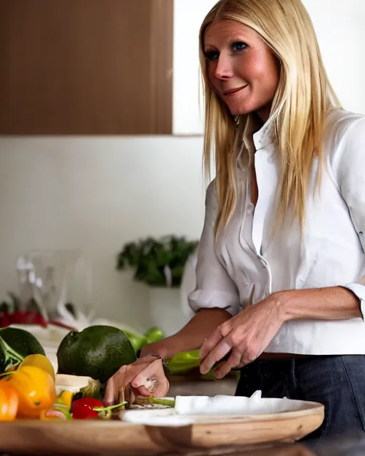 Image similar to wide shot photoshoot of gwyneth paltrow preparing a meal, 8 k, photorealistic