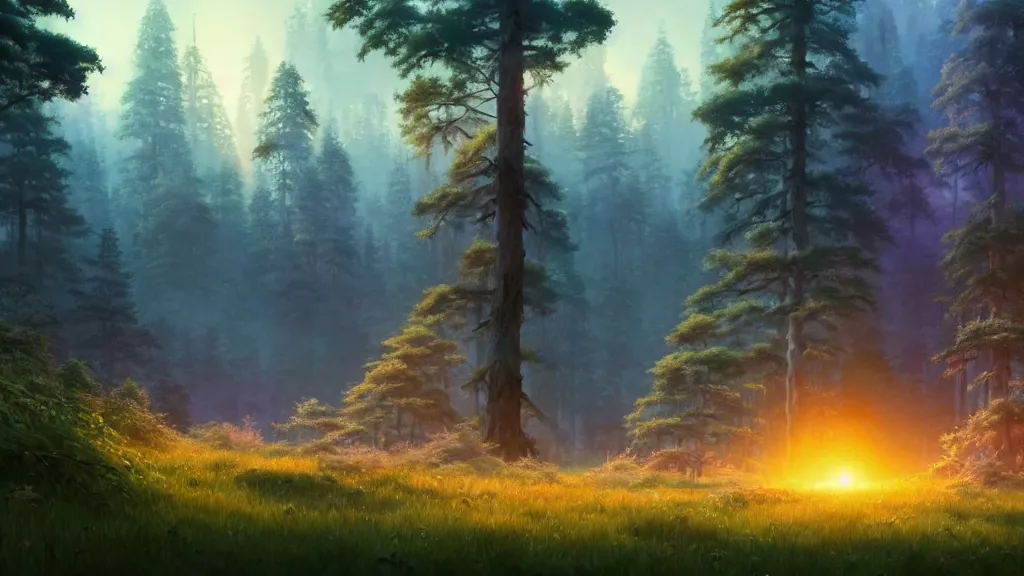 Image similar to forest clearing landscape, sunset, studio ghibli, pixar and disney animation, sharp, rendered in unreal engine 5, highly detailed, digital painting, artstation, concept art, smooth, sharp focus, illustration, wide angle, artbook, wallpaper, splash art, promo art, dramatic lighting, art by artgerm and greg rutkowski and bo chen and jin xiaodi