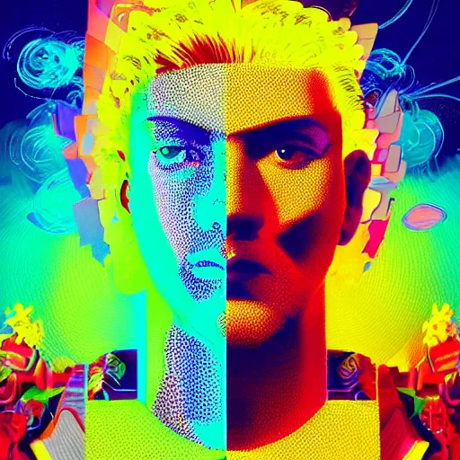 Prompt: a beautiful prismatic photo of glitch art portrait of a cyberpunk young zeus by mark tedin. flower blossom by ryan yee trending on artstation. futuristic self - portrait rendered using voxel technology by tim hildebrandt, trending on artstation.
