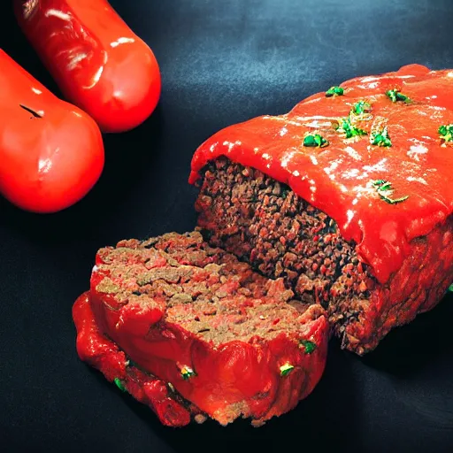 Prompt: horrific sentient meatloaf, hyper realistic, terrifying, disturbing, strange, bizarre, masterpiece, 4 k