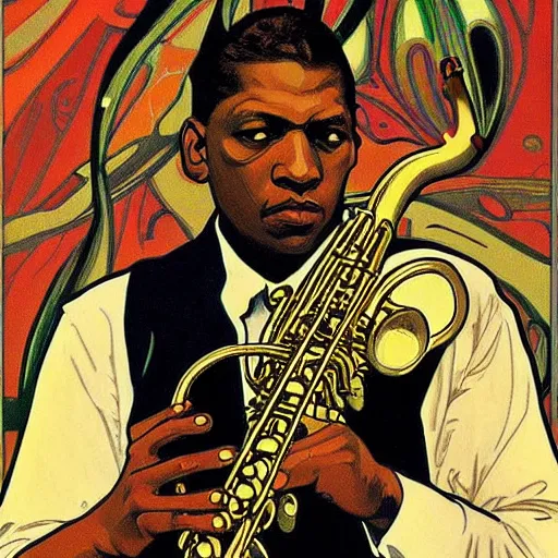 Image similar to Beautiful picture John Coltrane playing the saxophone reaching nirvana, Alphonse Mucha style