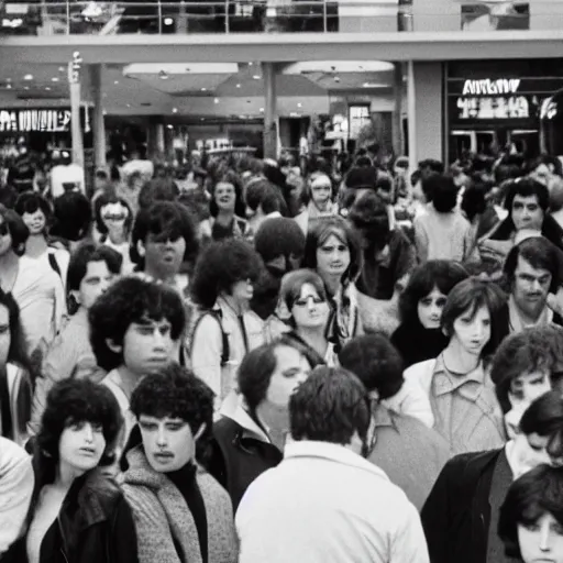 Image similar to People in a crowded mall, circa 1980