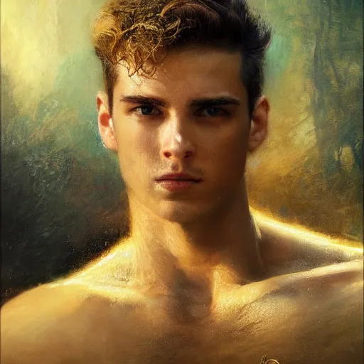 Image similar to handsome portrait of a young guy fitness posing, war hero, dreamy, radiant light, caustics, reflective water, by gaston bussiere, bayard wu, greg rutkowski, giger, maxim verehin