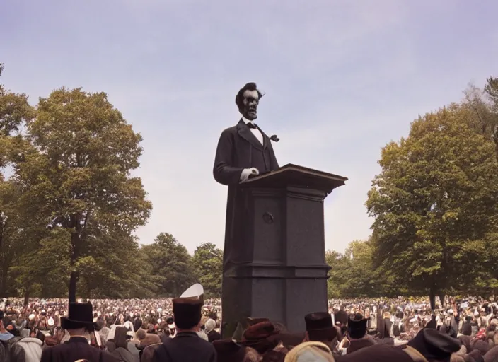 Prompt: abraham lincoln giving the gettysburg address in a crowded pennsylvania cemetery, photographed for reuters, 2 5 mm f / 1. 8 portra filmstock, 8 k scan, vivid color