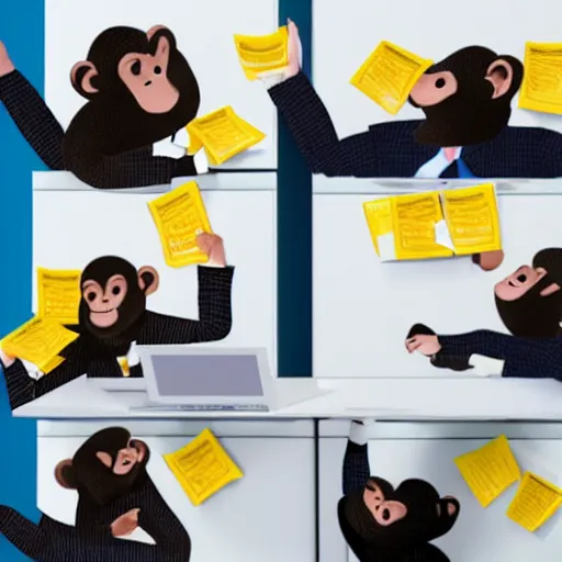 Image similar to monkeys as employees in the cubical offices, throwing bananas and folders on clients