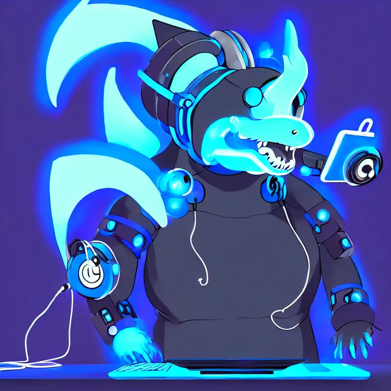 Image similar to a chubby anthropomorphic male blue dragon fursona wearing a cybernetic suit, headphones on his head, laptop, cyberpunk, furry, vivid saturation, oil on canvas, digital art, soft lighting