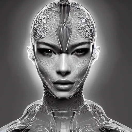 Image similar to the portrait of an absurdly beautiful, graceful, elegant, sophisticated, fashionable cyberpunk gravure idol, an ultrafine hyperdetailed illustration by kim jung gi, irakli nadar, intricate linework, bright colors, porcelain skin, unreal engine 5 highly rendered, fashion photography, half of face electronics, global illumination, radiant light, detailed and intricate environment