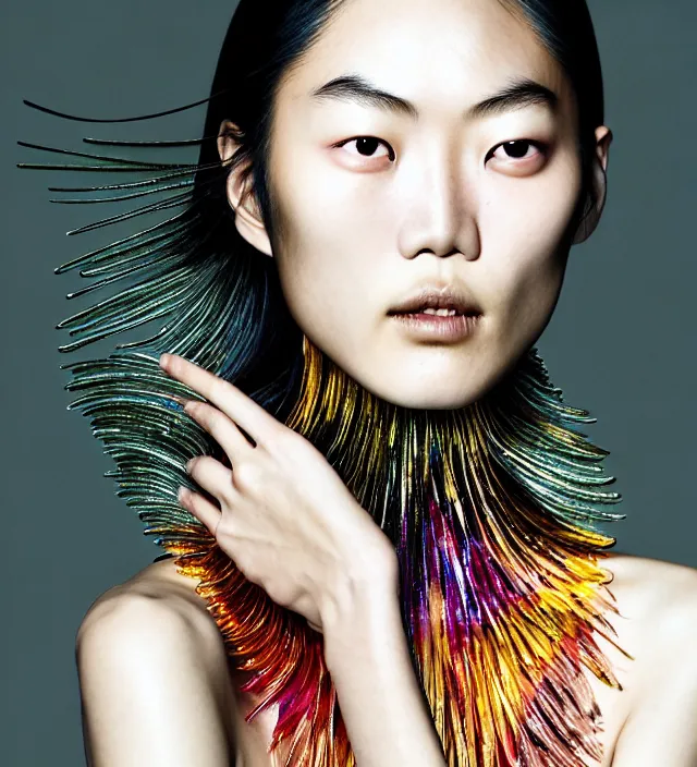 Image similar to photography facial portrait of liu wen, natural background, natural pose, wearing stunning cape by iris van herpen, with a colorfull makeup. highly detailed, skin grain detail, photography by paolo roversi, nick knight, helmut newton, avedon, araki