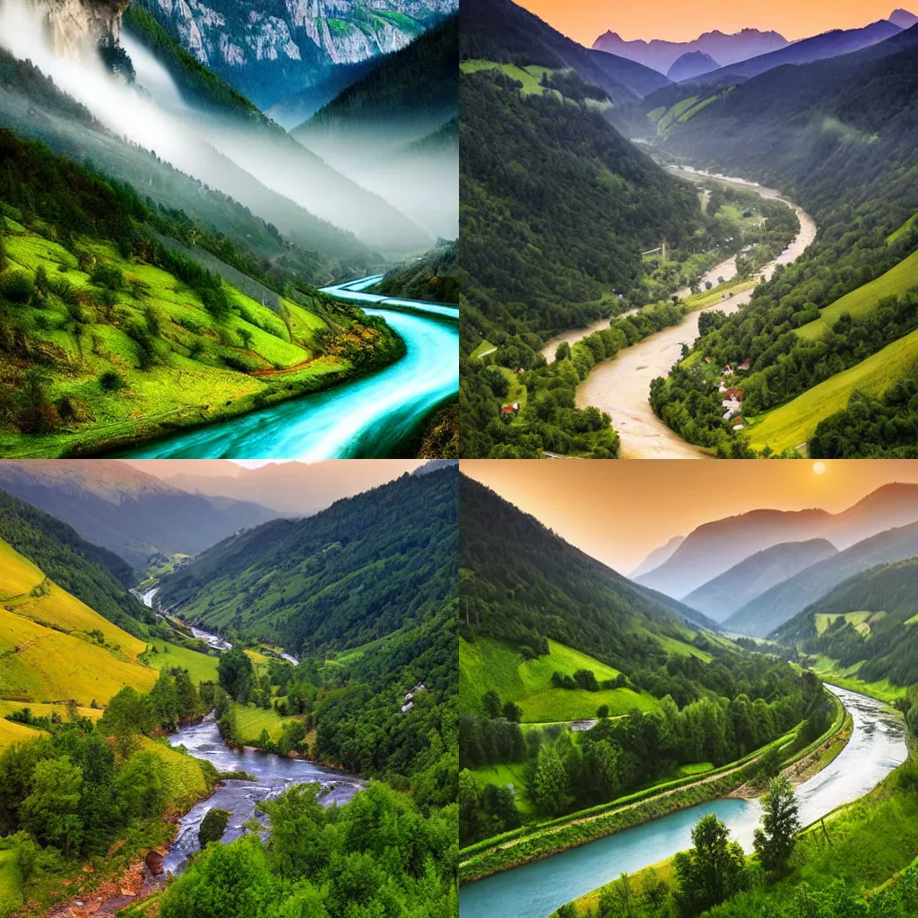 Prompt: beautiful valley with a river and villages between mountains, waterfalls flow from the mountains to the river, during dawn in austria, ultra realistic!!!, photograph, high detail, realistic colors, matte, wide angle, overview