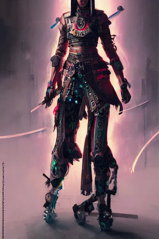 Image similar to a janissary, cyberpunk futuristic neon. fencing, long sword in her hand, decorated with traditional japanese ornaments by ismail inceoglu dragan bibin hans thoma greg rutkowski alexandros pyromallis nekro rene maritte illustrated, perfect face, fine details, realistic shaded, fine - face, pretty face, masterpiece